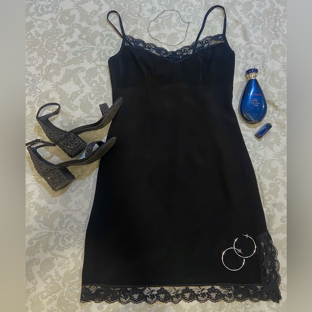 *ONLY DRESS* Y2K Lace-Trim Crystals UnwornVintage Black NanetteLepore Slip Dress